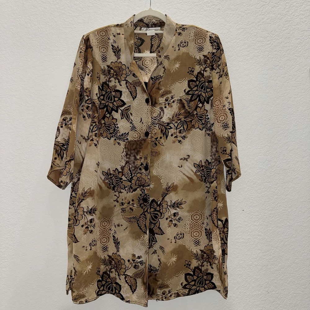 Dressbarn Women's L Button Up Shirt Layered Slit 3/4 Sleeve Summer Floral Boho